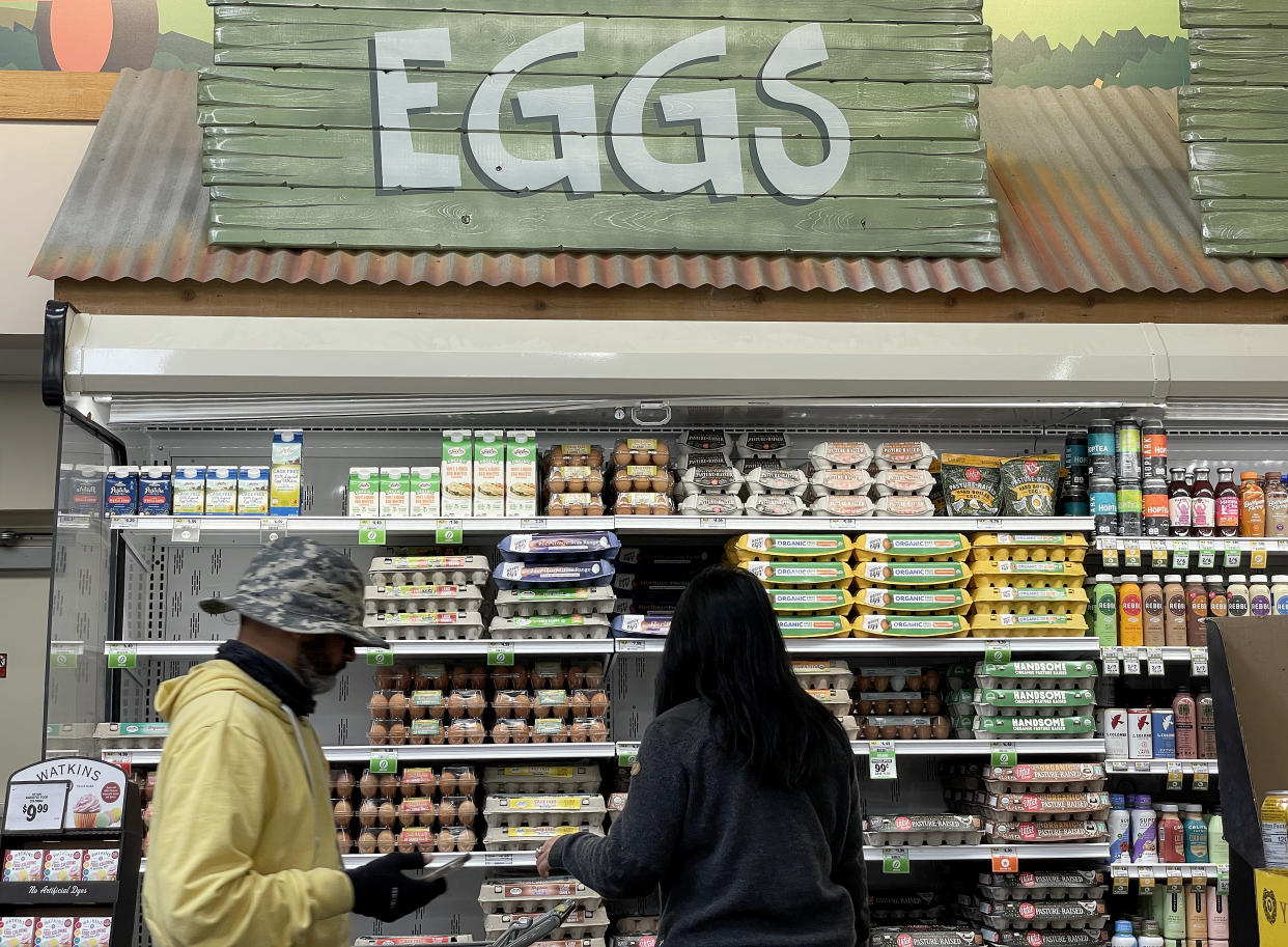 Customers shop for eggs at a Sprouts grocery store on April 12, 2023 in San Rafael, California. According to a report by the Bureau of Labor Statistics, inflation in March slowed to its lowest rate in nearly two years with prices rising 5 percent, down from 6 percent in February. (Credit: Justin Sullivan,Getty Images)