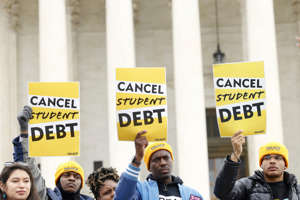 Student loan borrowers and advocates gather for the People's Rally To Cancel Student Debt During The Supreme Court Hearings On Student Debt Relief on February 28, 2023 in Washington, DC.